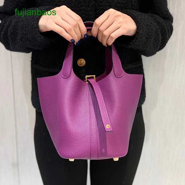 

hemres picotn handbags genuine sewn vegetable baskets women's bags leather tc18 lychee pattern portable bucket hand wax thread, Black