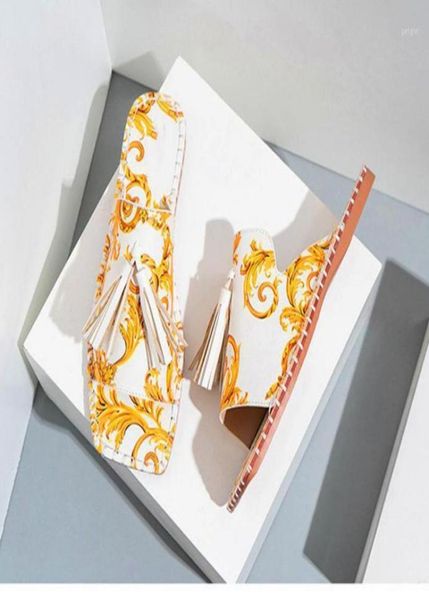 

slippers 2021 summer print flowers tassel fringe leisure leather flats square toe mules shoes women slides flip flops2123200, Black