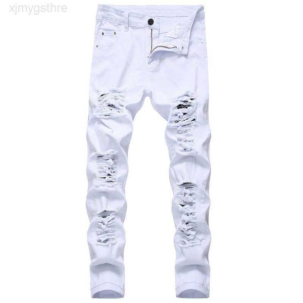 

men ripped jeans white red black stretch slim fit spring autumn denim pants distressed hip hop streetwear biker x06212nxr, Blue
