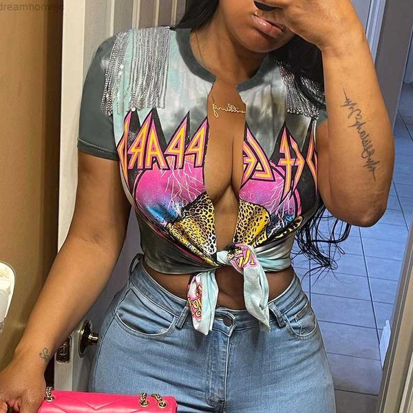 

summer women cut open t shirt with tassel short sleeve y2k t-shirts tie dye print graphic slit crop vintage clothes 0419, White