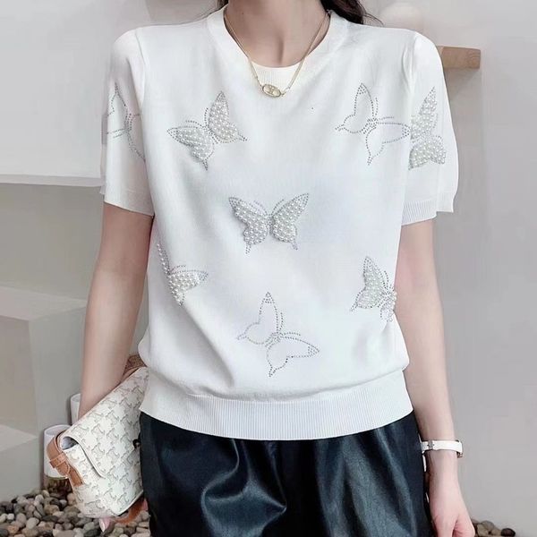 

women's t-shirt summer o neck puff short sleeve women t shirts japanese sweet pearls embroidery female t shirt koreac chic cute tee 230, White