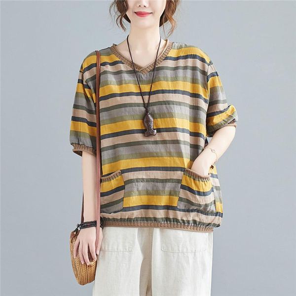 

t-shirt summer t shirts 2022 new arrival loose casual tshirt patchwork cotton linen striped vintage t shirt women allmatch tshirt, White