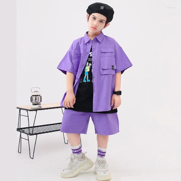 

stage wear kids hip hop clothing purple short sleeve shirt casual street shorts for girl boy jazz dance costumes dancing clothes, Black;red