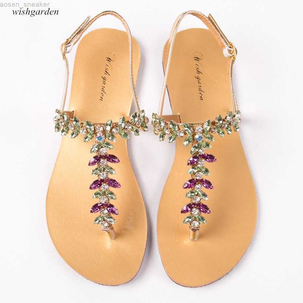 

2023 new summer women flat sandals fashion bohemia diamond shoes lady t-strap thong flip flops beach shining slippers plus size 0419, Black