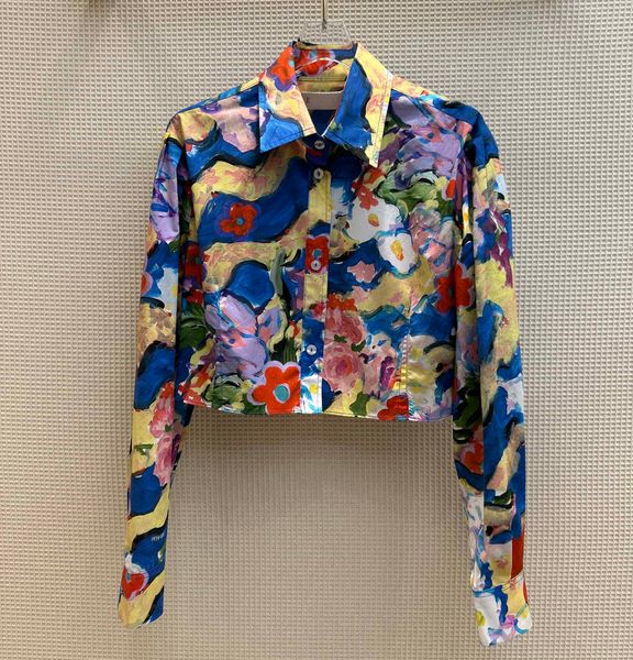 

women's shirt cotton art oil painting long sleeve short shirt, White