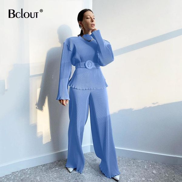 

pants bclout autumn long sleeve with trousers pleated 2 piece sets casual stand collar blouses sashes wide leg pants outfit chic, White