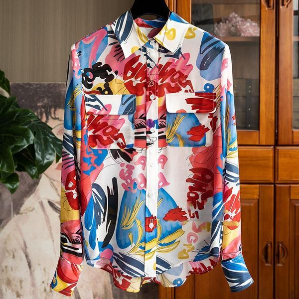 

shirts abstract floral print double pocket lapel shirt long sleeve women shirts blouse women, White