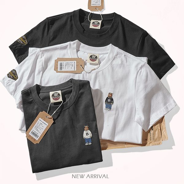 

men's tshirts summer american retro shortsleeved oneck bear embroidery tshirt fashion 100 cotton washed old casual couple 230419, White;black