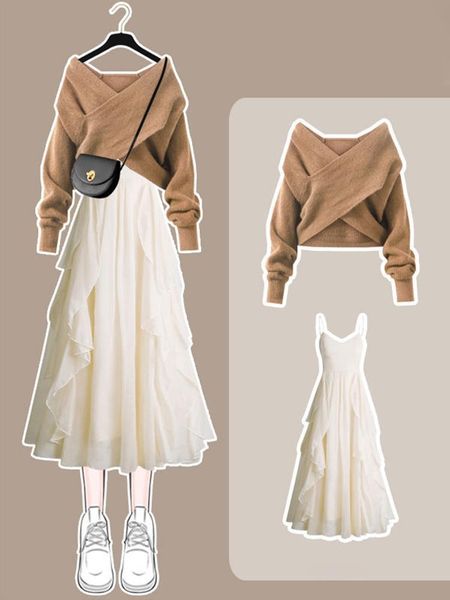 

dress xgoth oversize women's autumn suit 2022 female new grunge style loose knitted sweater + suspender dress twopiece elegant sets, White