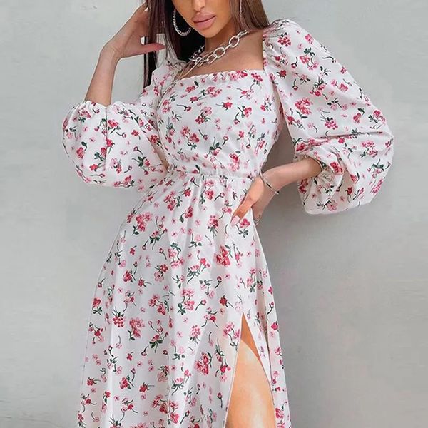 

summer american clothing temperament elegant casual dresses printed lantern sleeve slit women's dresses, Black;gray