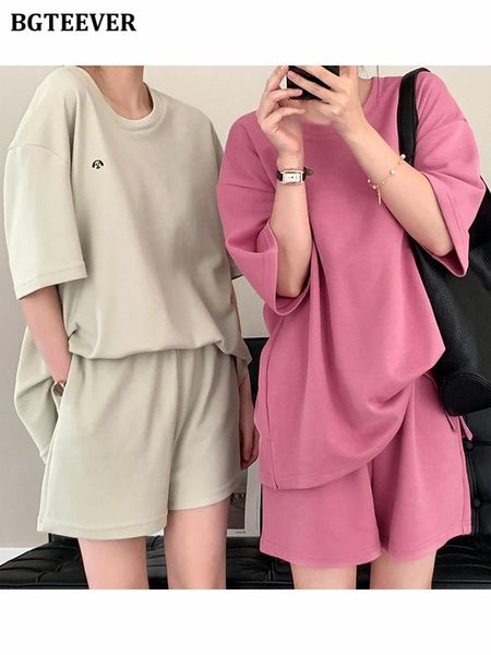 

dress bgteever casual loose women tracksuits short sleeve embroidery printed tshirts shorts summer ladies 2 pieces set, White