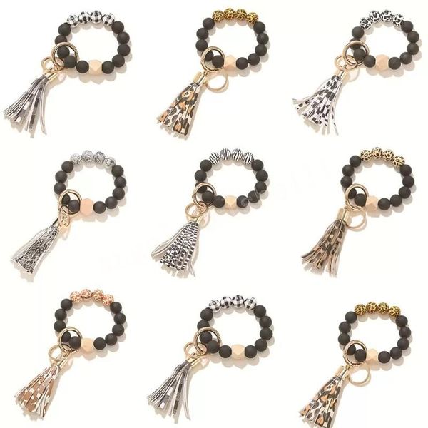 

multiful tassel circle wristlet keychain bangles fashion charm jewelry leopard printed wooden beads bracelet key chain for women girl, Red;brown