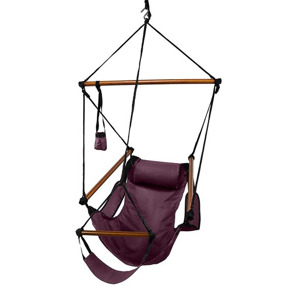 

hanging hammock camp air chair, wooden dowels, burgundy