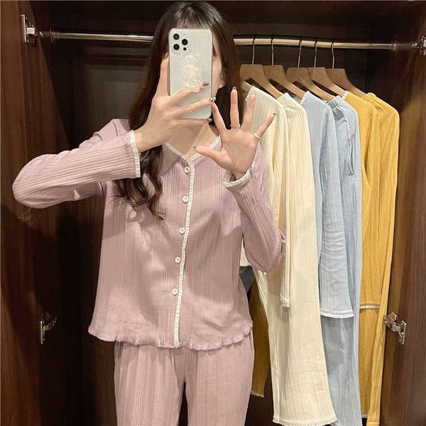 

solid color pajamas women's v-neck spring and autumn knitted cotton jacquard cardigan cute sweet student homewear set
