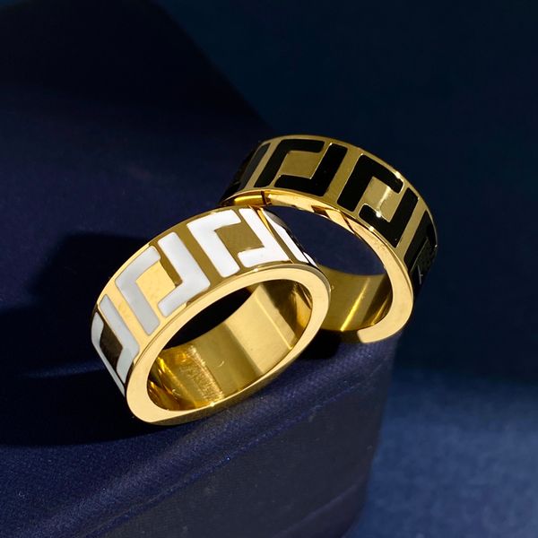 

made in italy designer f ring extravagant enamel hollow gold silver rose stainless steel letter rings black white women men wedding jewelry