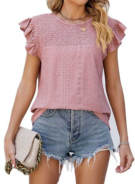 

womens 2023 summer flying sleeve pleat stitching crewneck eyelet t-shirt, White