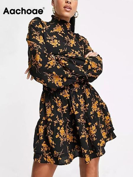 

dresses aachoae new arrivals floral print dress stand neck vintage mini dresses butterfly sleeve casual pleated dress vestidos mujer, Black;gray