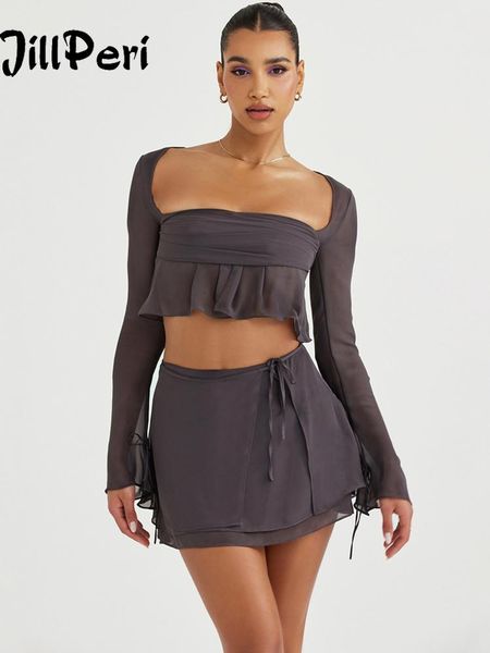 

dress jillperi grey square neck long sleeve ruffle crop and mini chiffon skirt two piece sets club outfits chic dress sets, White