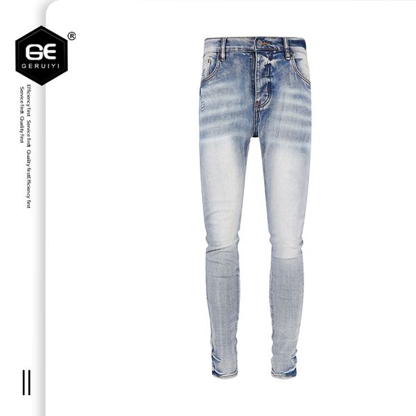 

european and american 2023 new mens jeans personality trend brand paint particles denim feet fashion slim straight long pants trend, Blue