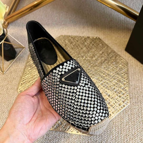 

brand fisherman's shoes flat woven canvas shoes glittering crystal sandals summer metal pra brand triangle logo women's sole canva, Black