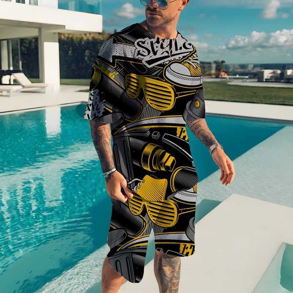 

tracksuits summer fashion 2 piece activewear men oversized clothes vintage beach style 3d print t shirts men suits t shirt shorts, Gray