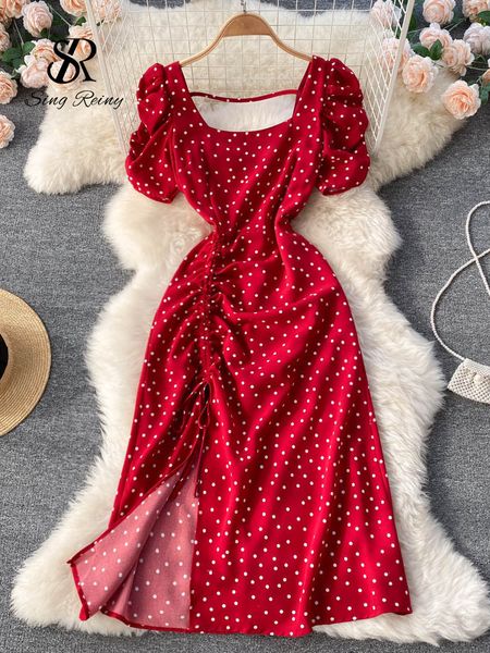 

casual dresses singreiny square collar polka dot dress women short puff sleeves ssummer beach sundress french sweet chiffon long dress 23041, Black;gray