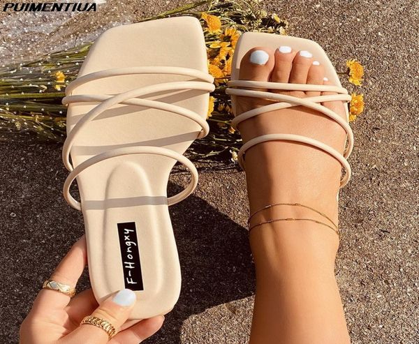 

summer women sandals 2022 ladies flat heels elegant slippers outside cross tied leather female slides fashion square toe sandals y5854923, Black