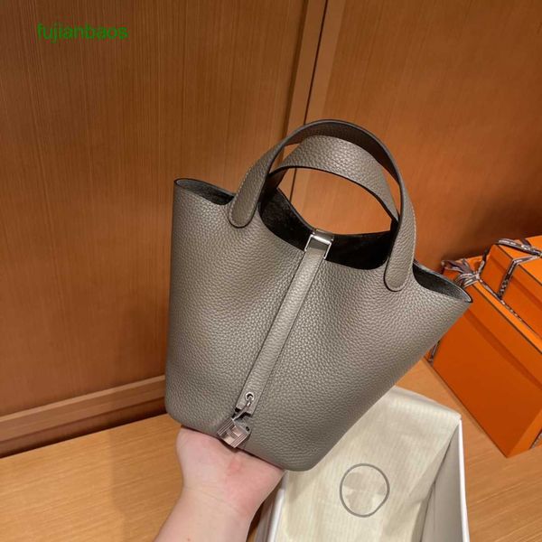 

hemres picotn handbags original tc leather handmade vegetable basket bag 18cm tin gray silver buckle large capacity women's handbag, Black
