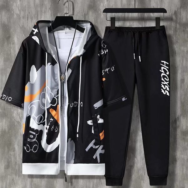 

men's tracksuits summer men's sets korean fashion hooded outfit set short sleeve hooded casual trousers men clothing 2 piece set t, Gray