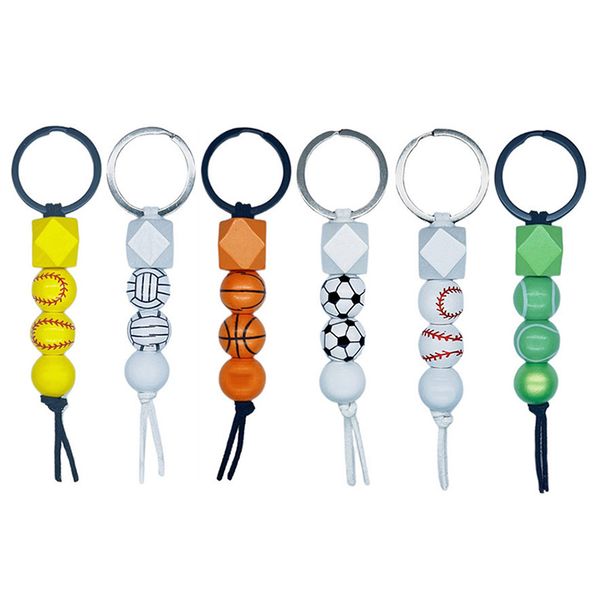 

wooden beaded keychain pendant sports basketball football baseball tassel keychains wooden bead key chain keyring 6 style, Silver