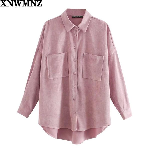 

shirts xnwmnz women 2021 fashion pockets oversized corduroy shirts vintage long sleeve asymmetric loose female blouses chic, White