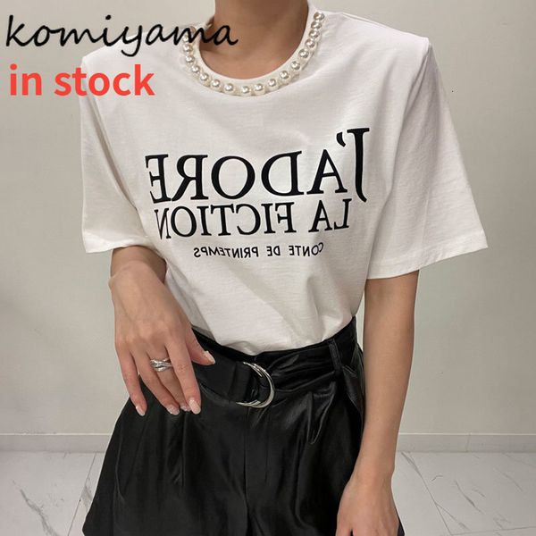 

womens tshirt komiyama patchwork pearl y2k clothes korean chic letter print women short sleeve t shirt summer shoulder pad tees 230419, White