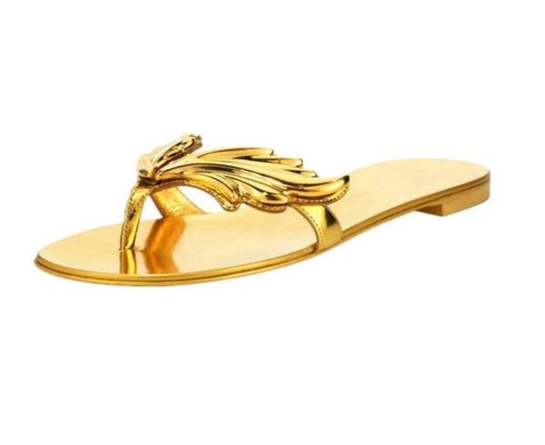 

summer design leaf beach slippers angle wings flip flops ladies flat slip on sandals fashion sliver gold women slipper shoes8931037, Black