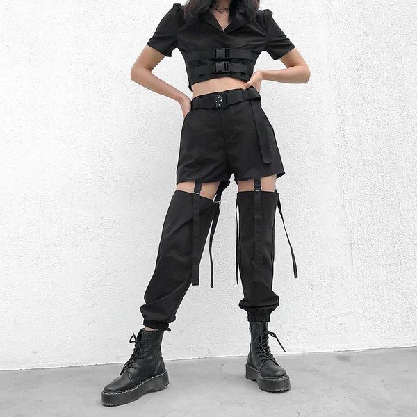 

capris hip hop high waist cargo pants women joggers street style trousers buckle track pants adjustable hollow out pantalon, Black;white