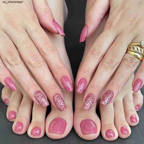 

false nails 48pcs glitter pink false toenails wearable hand feet nail art set for women girl artificial nails fake nail pieces wd j230419, Red;gold