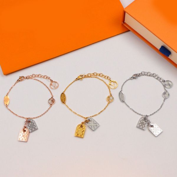 

Luxury Men Women Stamp Square Pendant Charm Bracelet Letters Chain Bangle 18K Gold Plated Brand Designer Titanium steel Fashion Jewelry Wedding Lovers Gift