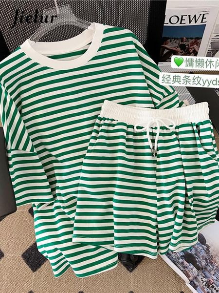 

dress jielur preppy style women two pieces set loose blue green black striped elastic waist wide leg shorts sport sets summer mxl, White