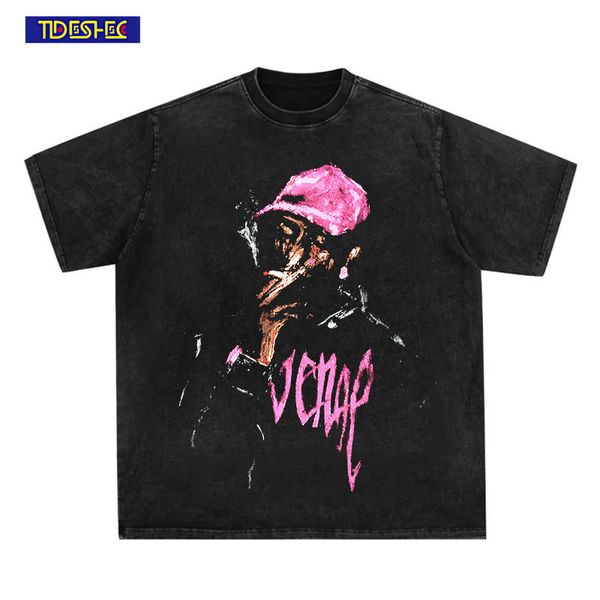 

men's tshirts washed american style streetwear hip hop rap portrait graffiti printing vintage men women t shirt oversized casual short, White;black