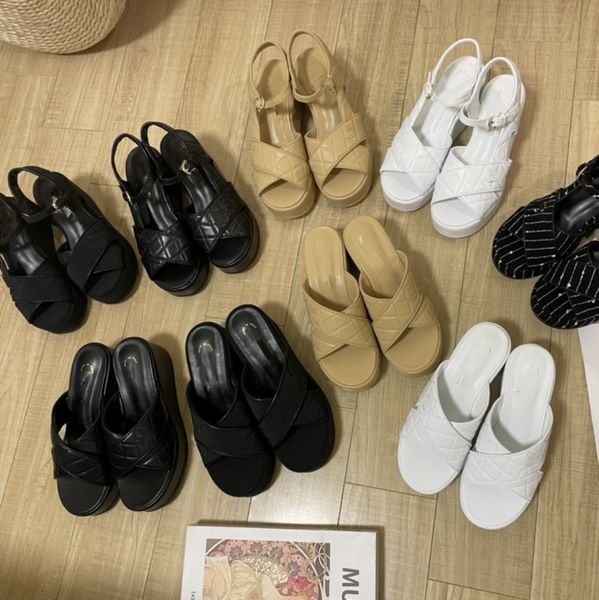 

interlocking platform c sandals womens wedge espadrilles slippers suede leather chains quilted high heels checks dad sandal buckle wedding d, Black