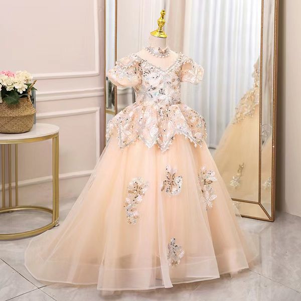 

champagne ball gown flower girl dresses princess lace appliques sequined jewel neck toddler birthday party gowns beaded girl pageant first h, White;blue