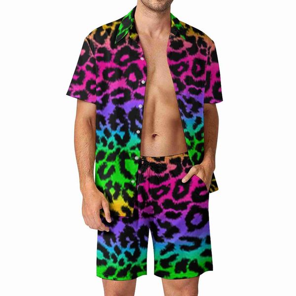 

tracksuits fantasy rainbow men sets leopard print casual shorts beachwear shirt set summer vintage suit short-sleeve big size, Gray