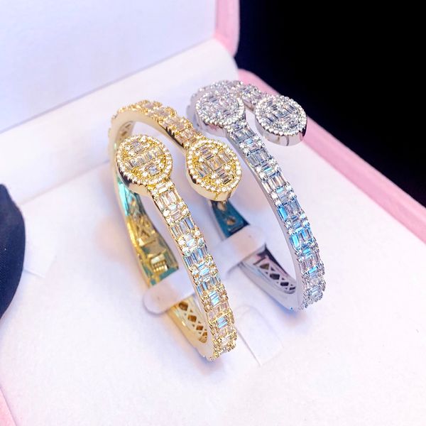 

fashion sparking cz custom opened oval charm bangle bracelet iced out silver gold color luxury jewelry for women men wholesale, Golden;silver