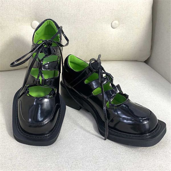 

2023 new spring women pumps retro hollow out dress shoes woman square toe lace-up zapatos mujer chunky heel leather 230419, Black