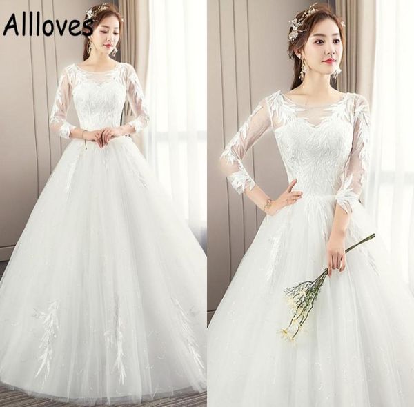 

modest chinese wedding gowns with long sleeves scoop neck lace appliqued bridal dress floor length puffy skirt princess vestidos d2339989, White
