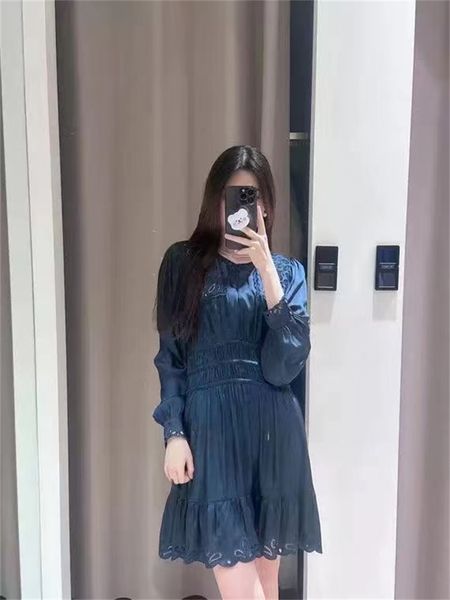 

casual dresses maje round neck hollowed out dress long sleeves blue short dress for women, Black;gray