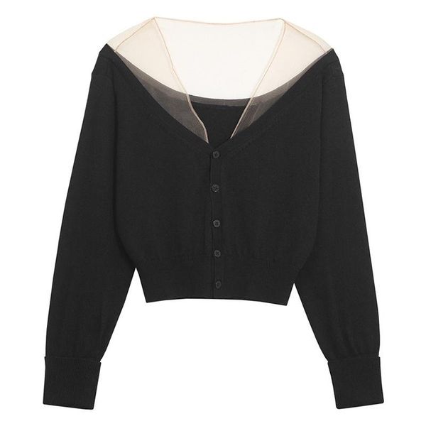 

sweaters autumn new v neck short knitting cardigans women mesh patchwock single breasted sweaters long sleeve slim, White;black