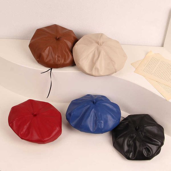 

caps hats pu leather children beret for elegant simple lady female solid color hats vintage octagonal casual boina autumn girl cap w0419, Yellow