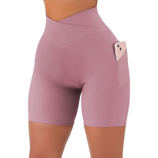 

leggings buttery soft cross over biker shorts women v cut waist workout short leggings fitness phone pockets no front seam 5" stretchy, Black