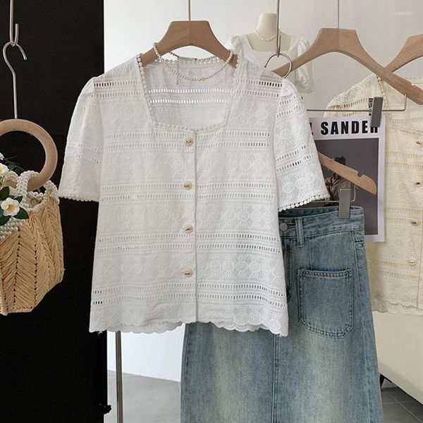 

women's t shirts summer lace hollow shirt women single-breasted square neck short-sleeved tassel t-shirt korea casual simple solid tee, White