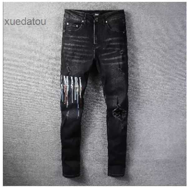

high mens designer elastics jeans distressed ripped slim fit motorcycle biker denim for men s fashion black pants#030 1 100m, Blue